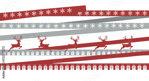 Festive red and silver ribbons adorned with snowflakes and leaping reindeer bring holiday cheer to any design