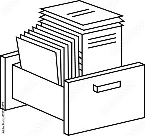 Black and white line drawing of a file cabinet with documents papers office