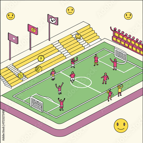 Dynamic football match illustration featuring exciting goals and celebratory emotions perfect for sports media and fan engagement rendered in vibrant cmyk colors