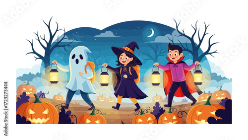 Halloween night Walk: In a whimsical scene, a spirited ghost, a bewitching witch, and a mysterious vampire embark on a Halloween night stroll.
