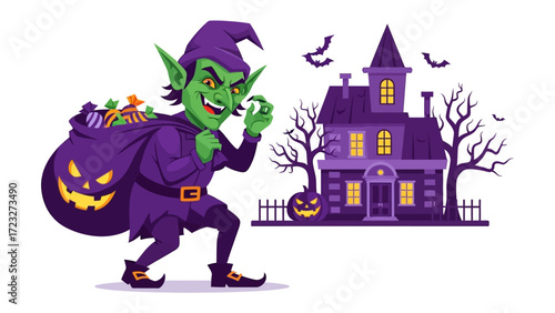 Halloween Goblin Stealing Sweets: A mischievous green goblin, draped in purple, joyfully flees a festive, shadowy scene clutching a bag of treats. 