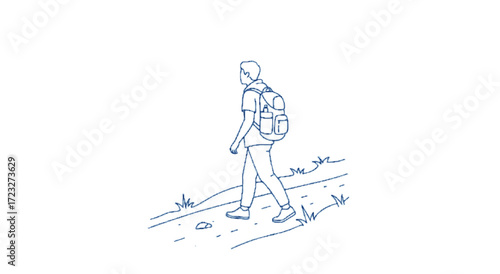 Hiking Adventure, Man, Nature Trail, Illustration, Scenic Landscape, Side View, Outdoor Exploration