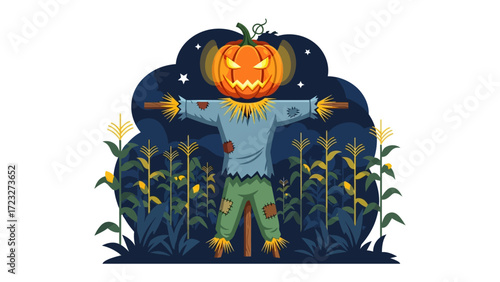 Spooky Harvest Sentinel: An ominous scarecrow, with a glowing jack-o'-lantern head, stands guard in a cornfield. Under the cloak of night.