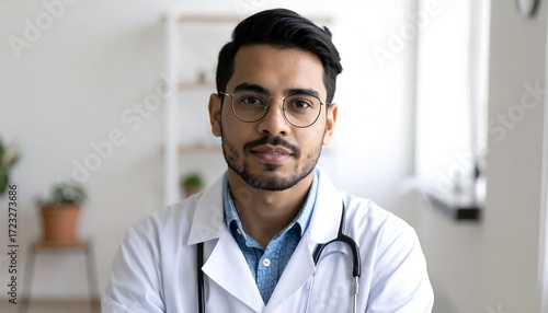 A close-up portrait of a young, dark-haired man, likely a doctor, with glasses and a stethoscope, facing forward