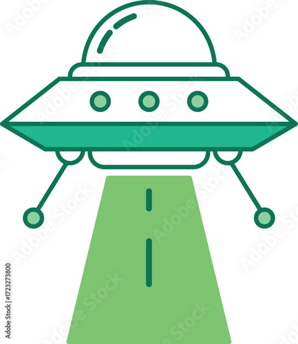 Green flying saucer with landing gear and light beam descending alien spaceship extraterrestrial