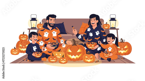 Family Halloween Preparation: A family gathers, carving pumpkins together in anticipation of Halloween festivities, showcasing the joy and togetherness of the season.