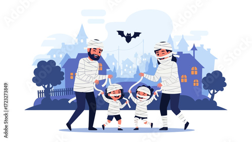 Spooky Mummy Family Halloween Illustration: a whimsical illustration captures a family joyfully celebrating Halloween, each member transformed into a mummy.