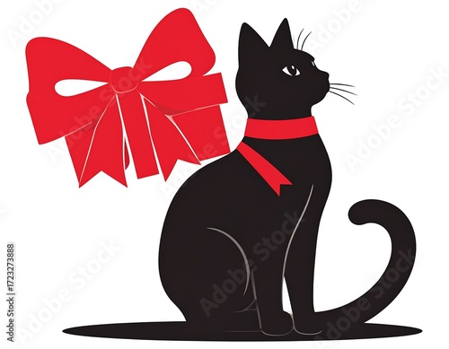 Black cat with a red gift