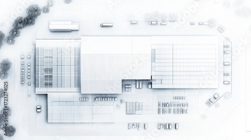 Warehouse plan – Floor plan of energy-efficient warehouse with solar panels, natural lighting, and smart climate systems. Blueprint style.