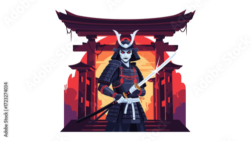 Samurai in the Japanese Temple: a Japanese samurai warrior in full armor, standing guard. The artwork illustrates traditional Japanese architecture with detailed precision. 