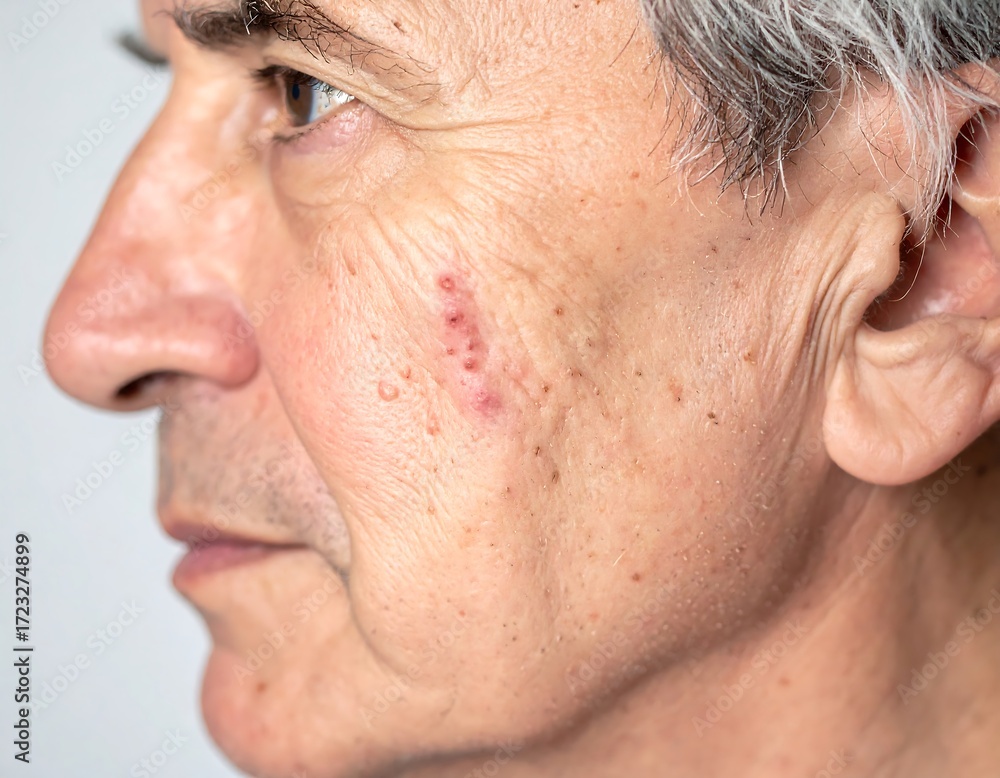 Naklejka premium Close-up of a man's face with skin imperfections