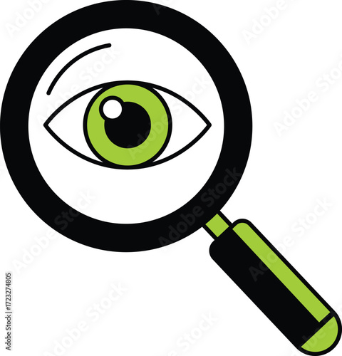 Magnifying glass over green eye illustration black white