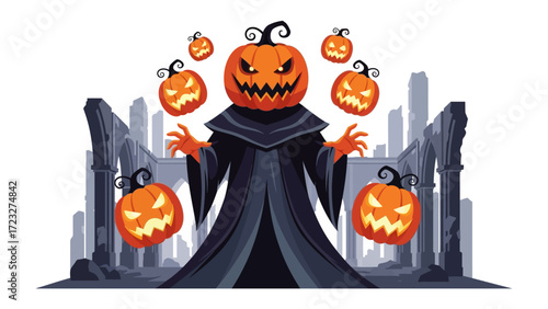 Spooky Halloween Pumpkin: A mystical scene of a towering pumpkin-headed figure in a shadowy setting. Surrounded by smaller floating jack-o'-lanterns, exuding a captivating aura.