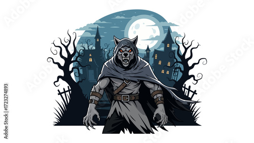 Werewolf in the Eerie Night: A menacing werewolf figure stands silhouetted against a backdrop of gothic architecture and a luminous full moon, embodying the thrilling aura of the Halloween season.