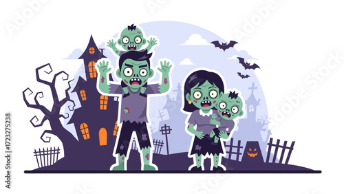 Zombie Family Halloween Scene: A quirky illustration captures a zombie family, embracing the spooky spirit of Halloween. They stand before a haunted house.