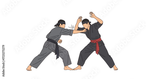 Depiction of two Pencak Silat practitioners in a dynamic sparring session
