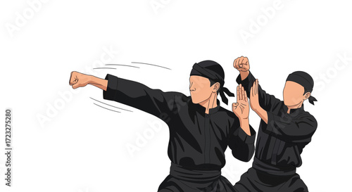 Depiction of two martial artists demonstrating pencak silat movements