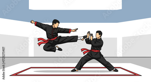 Dynamic illustration depicting two individuals practicing martial arts sparring