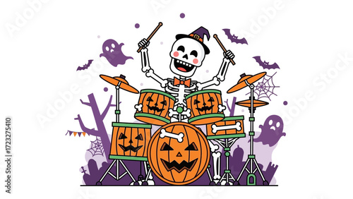 Spooky Beat: A cartoon skeleton drummer, adorned in a witch's hat, energetically plays a pumpkin-themed drum set amidst playful Halloween decorations.