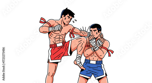 Dynamic Illustration of Muay Thai Fighters in Intense Combat Scenario
