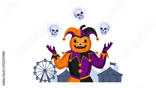 Halloween Carnival Clown Jugglers: A jovial clown, with a pumpkin head, is juggling three spectral skulls with a joyful expression against a spooky carnival atmosphere.
