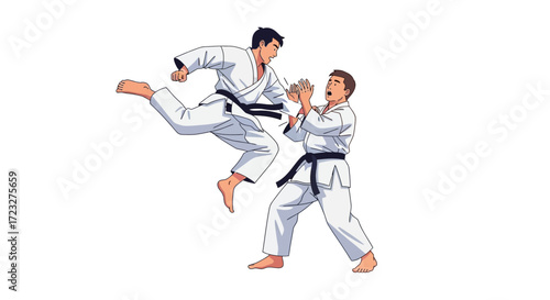 Dynamic Karate Sparring Illustration with Precise Motion and Defense