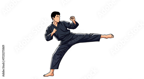 Dynamic martial artist executing a kick against a blank canvas backdrop