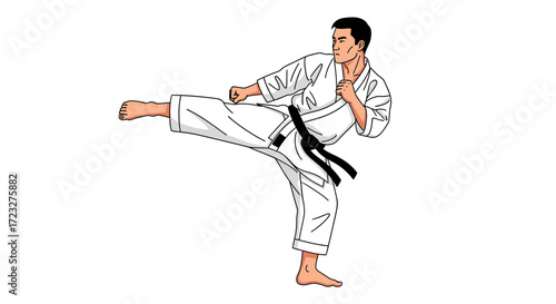 Dynamic martial artist executing a powerful front kick with concentration