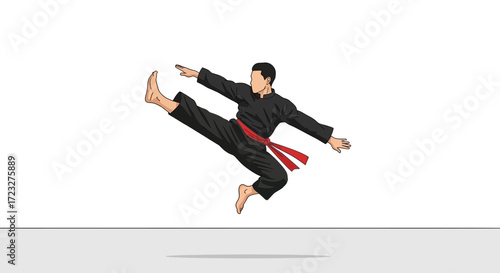Dynamic martial artist mid-air kick in traditional black uniform with red belt