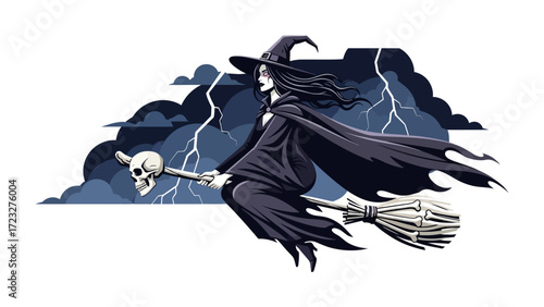 Witch on Broom with Lightning: A whimsical illustration depicts a witch soaring through a stormy sky on a broom, her silhouette set against a backdrop of dark clouds and dramatic lightning.