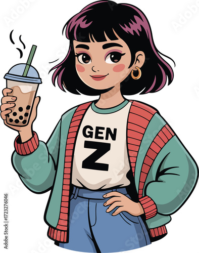 Gen Z Girl Bubble Tea Cartoon Character Vector Illustration