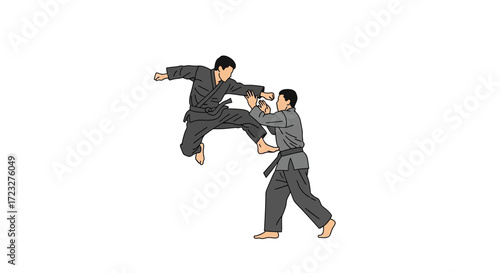 Dynamic martial arts sparring sequence in vector illustration style