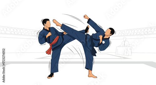 Dynamic martial arts sparring demonstration with powerful kick exchange