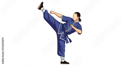 Dynamic martial arts stance, illustration of wushu master performing kick