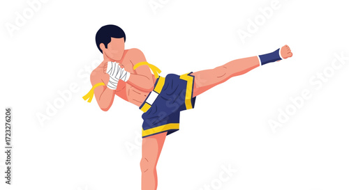 Dynamic muay thai fighter delivering a powerful kick on white backdrop
