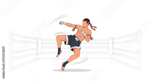 Dynamic Muay Thai Fighter Executing a Punch in a Boxing Ring Isolated
