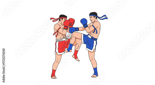 Dynamic Muay Thai match illustration of two fighters sparring intensely