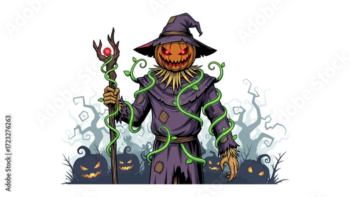 Spooky Scarecrow: An animated, ghoulish scarecrow stands menacingly in a fantasy landscape, showcasing a jack-o'-lantern head, sinister expression, and enchanting staff for Halloween.