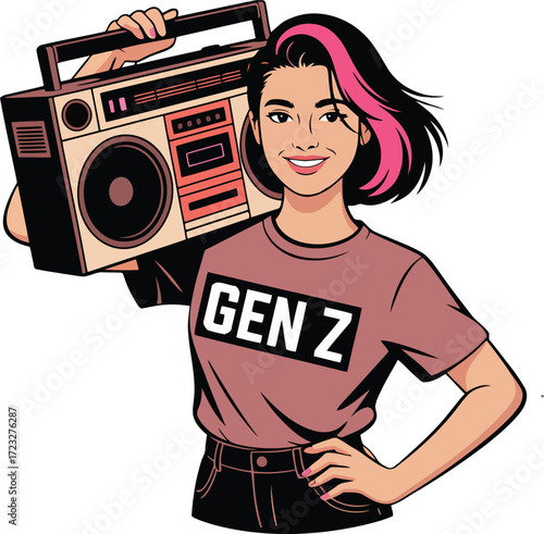Gen Z Girl Holding Boombox Portrait Hipster Style 90s Radio