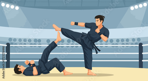 Dynamic showdown sparring martial combat, competitive display strength arena