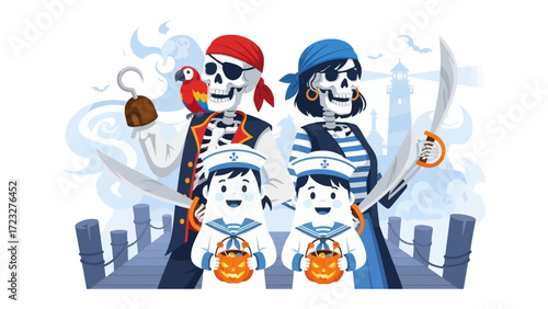 The Pirate Family: A whimsically illustrated scene of a pirate family setting off on a Halloween adventure, exuding the spirit of fun and fantasy.