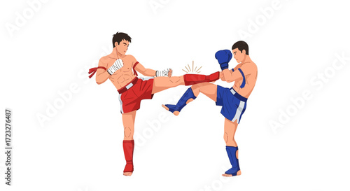 Dynamic vector illustration featuring two muay thai fighters in action