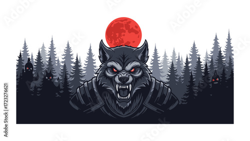 Mystical Werewolf in Moonlight: A fierce werewolf silhouette emerges from a dense forest under a haunting crimson moon, creating a sense of dark, mysterious, and otherworldly.