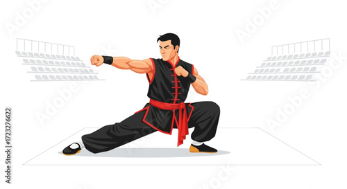 Focused martial artist in action pose demonstrating prowess at the stadium