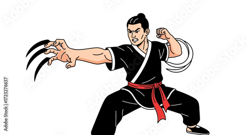 Furious Asian Martial Arts Master Ready for Combat with Sharp Claws