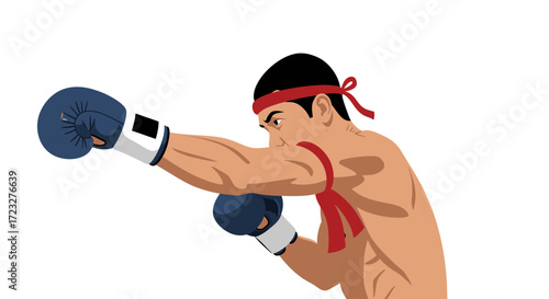 Focused Muay Thai fighter delivering a powerful punch on white backdrop