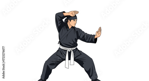 Illustrated martial arts expert in a poised defensive stance, isolated