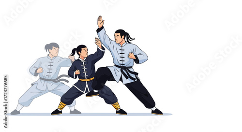 Illustrated martial arts practice displaying choreographed movement techniques