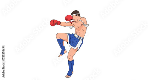 Illustrated Muay Thai fighter in a fighting stance on clean background