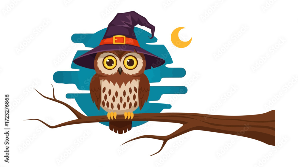 Naklejka premium Halloween Owl's Nightly Perch: A whimsical illustration depicts an owl, adorned with a witch's hat, perched serenely on a branch beneath a mystical, moonlit sky.
